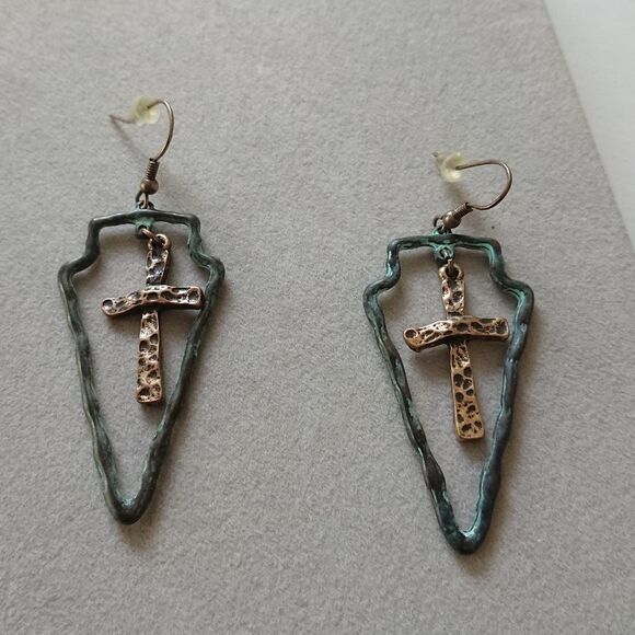 Rustic Copper Triangle with cross Earrings - Picture 2 of 6